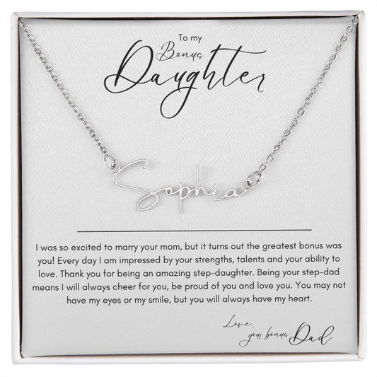 bonus daughter gift, step daughter gift, script name necklace, step daughter necklace, gift from step dad 