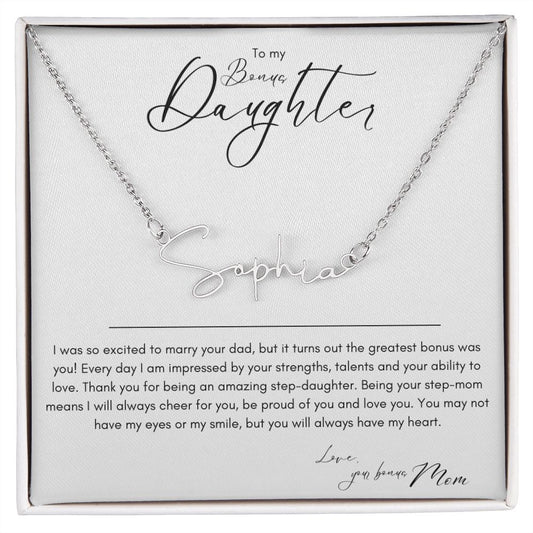 step daughter gift, bonus daughter gift, wedding gift for step daughter, gift from step mom, script name necklace